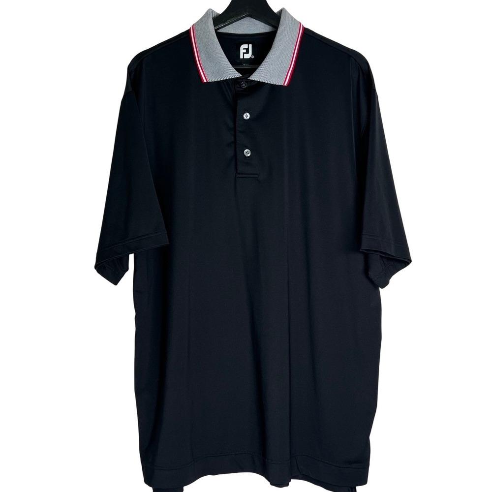 FootJoy Mens Large Black Performance Golf Polo Striped Trim Collar Stretch Shirt